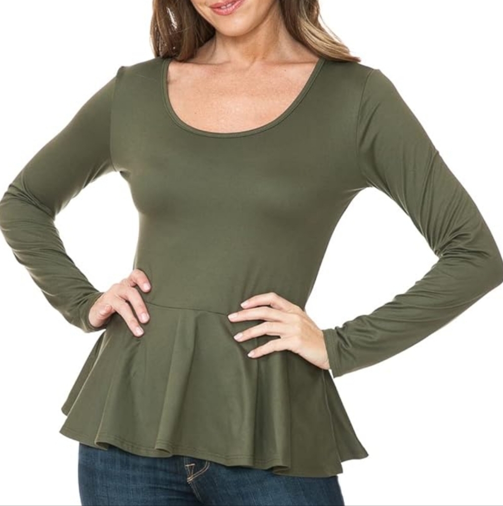 Long Sleeve Stretchy Knit Ruffle Hem Peplum Blouse